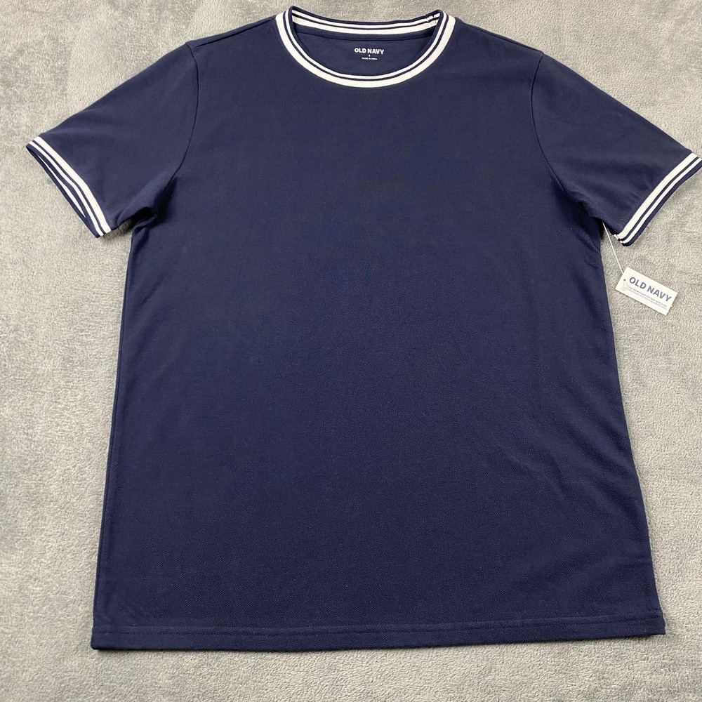 Old Navy Mens S T-Shirt Navy Blue Pique Knit White Contrast Trim NWT